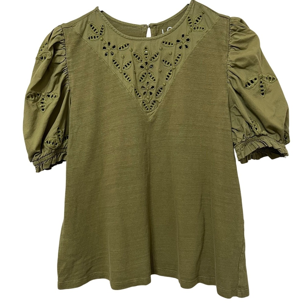 Loft Women's Blouse Sz Small Army Green Eyelet Puff Sleeves‎ Cottage Core